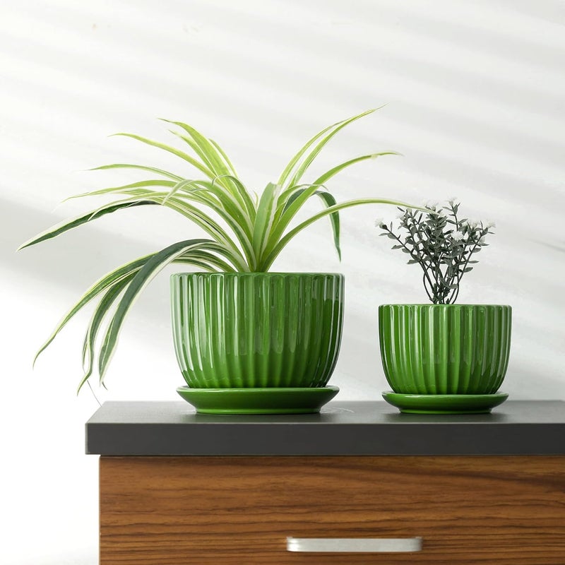 Ton Sin Ceramic Plant Pots,4"+5"+6" Inch,Green Flower Pots with Drainage Holes and Tray,Indoor Planters for Plants Pots,Home Office Decoration GIF for Plants,Succulent Pot Set of 3 - Image 5